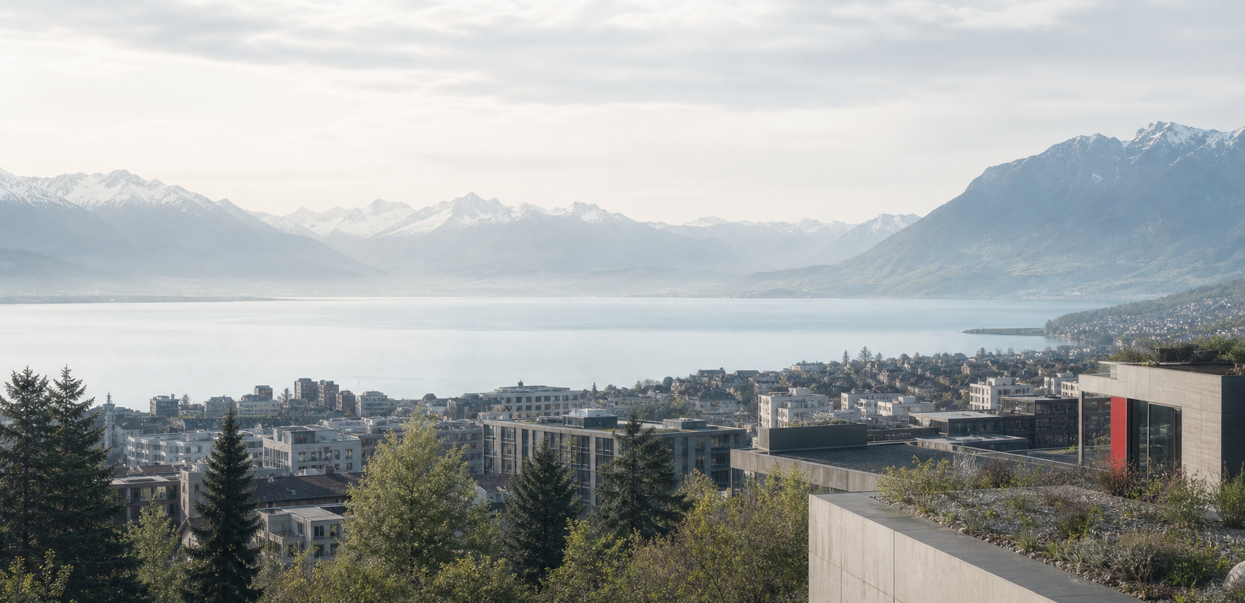 A calm Swiss city, lake, and alpine landscape